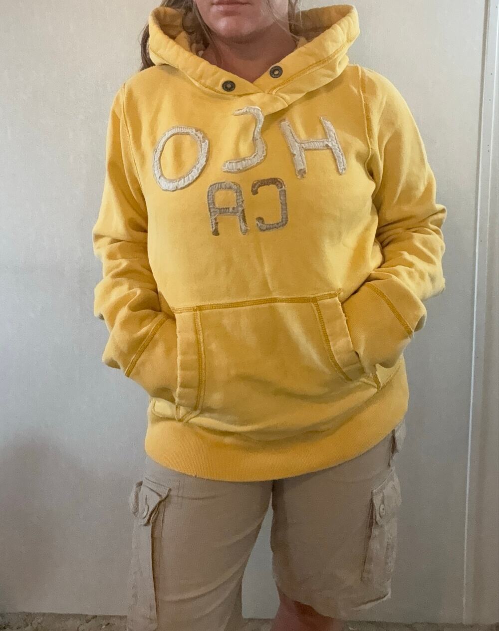 Hollister HCO CA Yellow Distressed Hoodie Size L Y2K 2000s Pullover